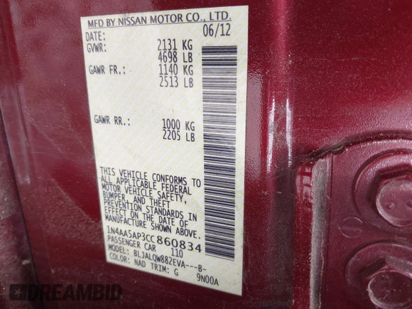 2012 Nissan Maxima SV with VIN 1N4AA5AP3CC860834, listed as a IAAI auction lot 42429509 with 96,939 mi miles and . Bid and sale history available at DreamBid. Image 9.