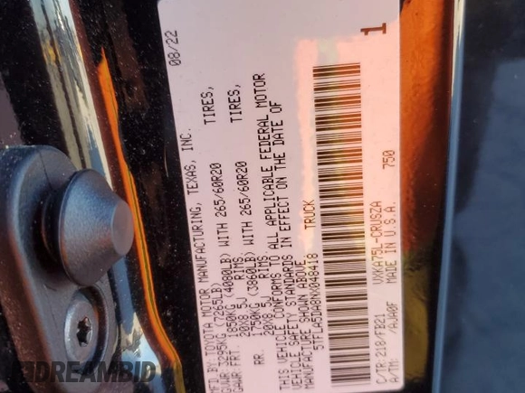 2022 Toyota Tundra SR5 with VIN 5TFLA5DA8NX048418, listed as a Copart auction lot 48406495 with 54,594 mi miles and Salvage title. Bid and sale history available at DreamBid. Image 14.