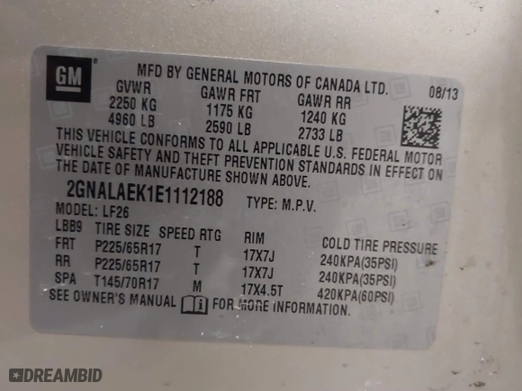 2014 Chevrolet Equinox LS with VIN 2GNALAEK1E1112188, listed as a IAAI auction lot 41478255 with 144,712 mi miles. Bid and sale history available at carsss.com. Image 9.