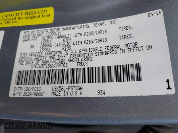 2016 Toyota Tundra SR5 z VIN 5TFDW5F15GX554763, wystawiony jako IAAI lot #42092776 z przebiegiem 141 522 mil mil oraz . Historia ofert i sprzedaży dostępna na DreamBid. Obrazek 9.