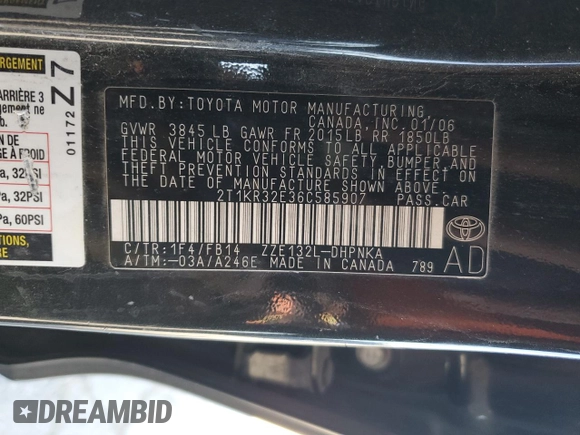 2006 Toyota Matrix STD z VIN 2T1KR32E36C585907, wystawiony jako Copart lot #42978365 z przebiegiem 159 830 mil mil oraz Szkoda całkowita • Salvage title. Historia ofert i sprzedaży dostępna na DreamBid. Obrazek 12.