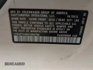 2012 Volkswagen Passat S w/Appearance with VIN 1VWAP7A35CC084706, listed as a IAAI auction lot 41927364 with 245,100 mi miles. Bid and sale history available at carsss.com. Image 9.