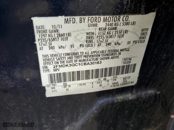 2012 Ford Edge SE with VIN 2FMDK3GC1CBA30183, listed as a Copart auction lot 54426745 with 221,020 mi miles and Clean Title. Bid and sale history available at carsss.com. Image 12.