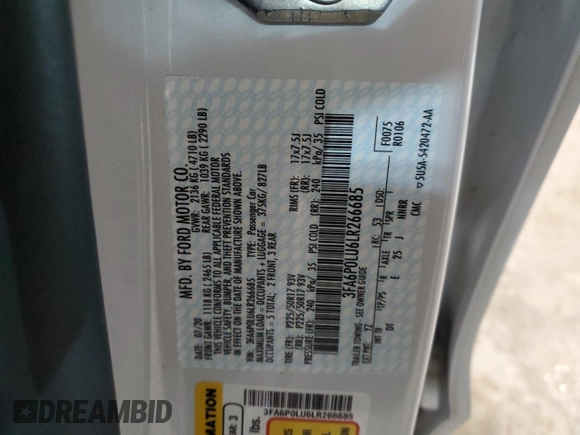 2020 Ford Fusion Hybrid SE with VIN 3FA6P0LU6LR266685, listed as a Copart auction lot 70333742 with 20,048 mi miles. Bid and sale history available at carsss.com. Image 12.