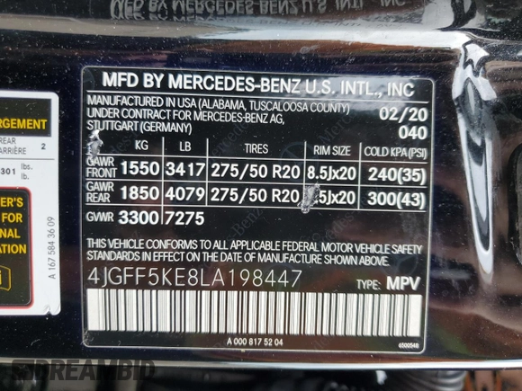 2020 Mercedes-Benz GLS with VIN 4JGFF5KE8LA198447, listed as a Copart auction lot 62949043 with 64,066 mi miles. Bid and sale history available at carsss.com. Image 12.