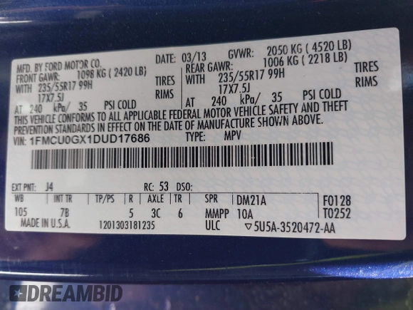 2013 Ford Escape SE with VIN 1FMCU0GX1DUD17686, listed as a IAAI auction lot 42033393 with Not provided miles and . Bid and sale history available at DreamBid. Image 9.