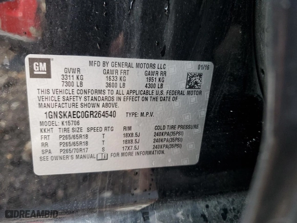 2016 Chevrolet Tahoe LS with VIN 1GNSKAEC0GR264540, listed as a Copart auction lot 83493804 with 205,899 mi miles and Salvage Title. Bid and sale history available at carsss.com. Image 13.