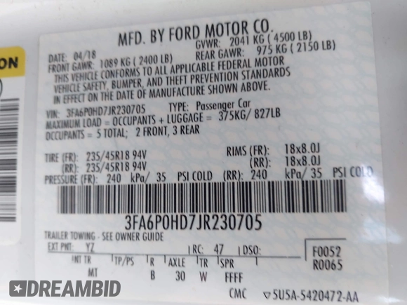 2018 Ford Fusion SE with VIN 3FA6P0HD7JR230705, listed as a IAAI auction lot 42518890 with 114,988 mi miles and . Bid and sale history available at DreamBid. Image 9.