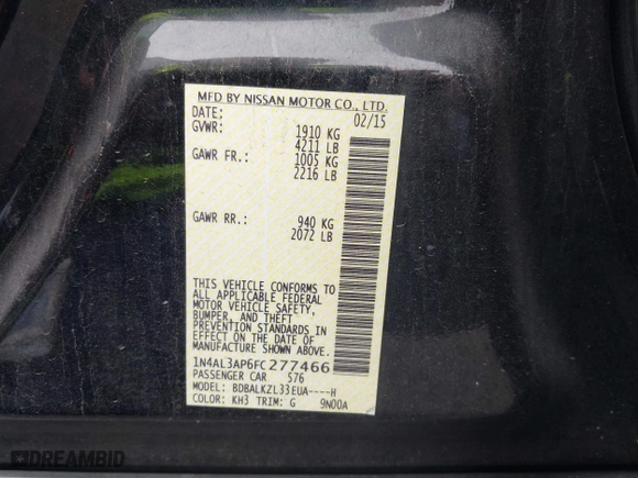 2015 Nissan Altima 2.5 SV with VIN 1N4AL3AP6FC277466, listed as a IAAI auction lot 42042276 with 118,806 mi miles. Bid and sale history available at carsss.com. Image 9.