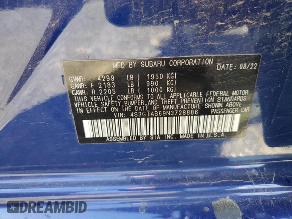 2022 Subaru Impreza z VIN 4S3GTAB69N3728886, wystawiony jako Copart lot #57076475 z przebiegiem 12 056 mil mil oraz Szkody całkowita. Historia ofert i sprzedaży dostępna na DreamBid. Obrazek 12.