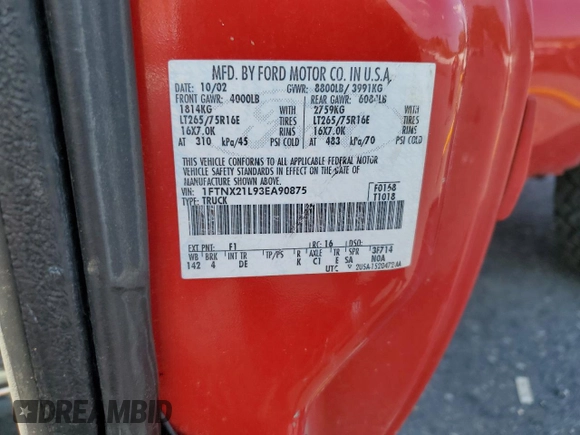 2003 Ford F-250 XL with VIN 1FTNX21L93EA90875, listed as a Copart auction lot 60304115 with 136,956 mi miles and Salvage title. Bid and sale history available at DreamBid. Image 12.