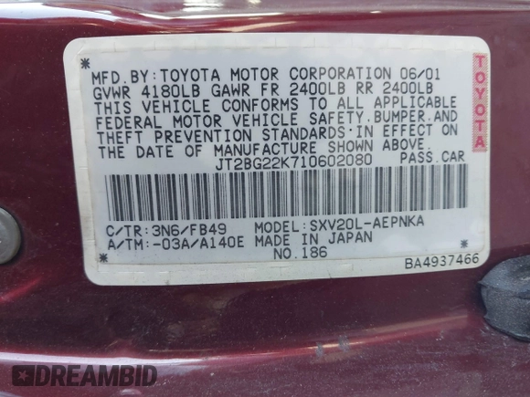 2001 Toyota Camry CE with VIN JT2BG22K710602080, listed as a IAAI auction lot 41858573 with 169,774 mi miles and . Bid and sale history available at carsss.com. Image 9.