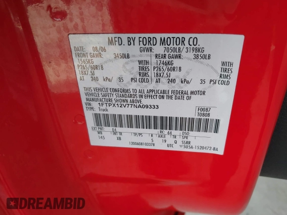 2007 Ford F-150 XL z VIN 1FTPX12V77NA09333, wystawiony jako IAAI lot #42174810 z przebiegiem 116 130 mil mil oraz . Historia ofert i sprzedaży dostępna na DreamBid. Obrazek 9.
