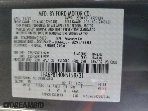 2022 Ford Mustang EcoBoost with VIN 1FA6P8TH0N5150731, listed as a Copart auction lot 48002265 with 2,615 mi miles and Salvage Title. Bid and sale history available at carsss.com. Image 13.