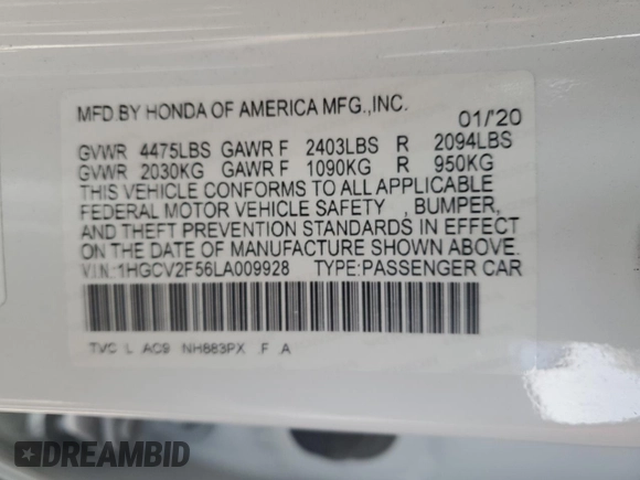 2020 Honda Accord EX-L with VIN 1HGCV2F56LA009928, listed as a Copart auction lot 87656485 with 114,994 mi miles and Salvage title. Bid and sale history available at DreamBid. Image 12.