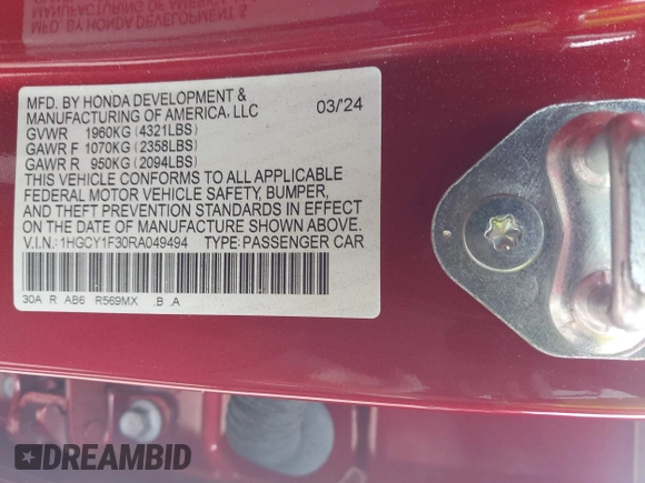 2024 Honda Accord EX with VIN 1HGCY1F30RA049494, listed as a IAAI auction lot 41945019 with 15,273 mi miles and . Bid and sale history available at DreamBid. Image 9.