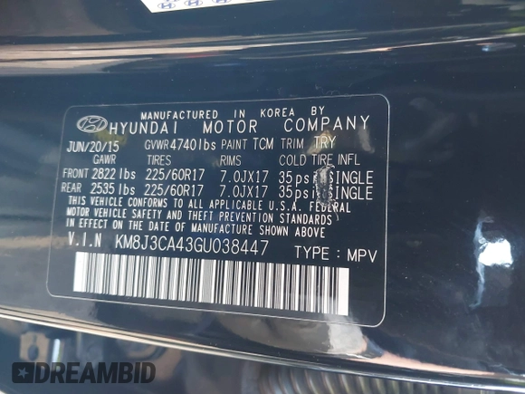 2016 Hyundai Tucson SE z VIN KM8J3CA43GU038447, wystawiony jako IAAI lot #42119085 z przebiegiem 118 280 mil mil oraz . Historia ofert i sprzedaży dostępna na DreamBid. Obrazek 9.