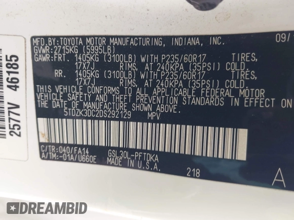 2013 Toyota Sienna L z VIN 5TDZK3DC2DS292129, wystawiony jako IAAI lot #42435143 z przebiegiem 170 767 mil mil oraz . Historia ofert i sprzedaży dostępna na DreamBid. Obrazek 9.