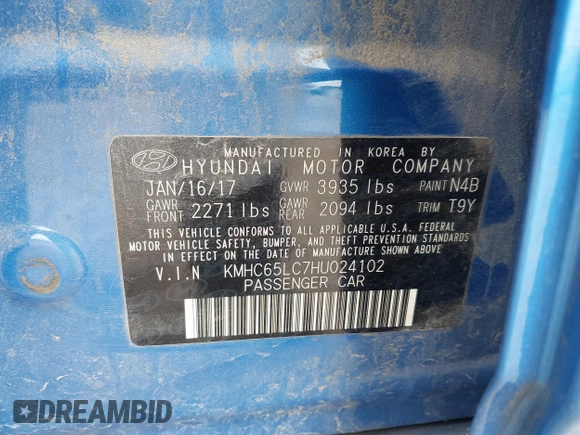 2017 Hyundai Ioniq Blue with VIN KMHC65LC7HU024102, listed as a IAAI auction lot 42057067 with 126,313 mi miles and . Bid and sale history available at DreamBid. Image 9.