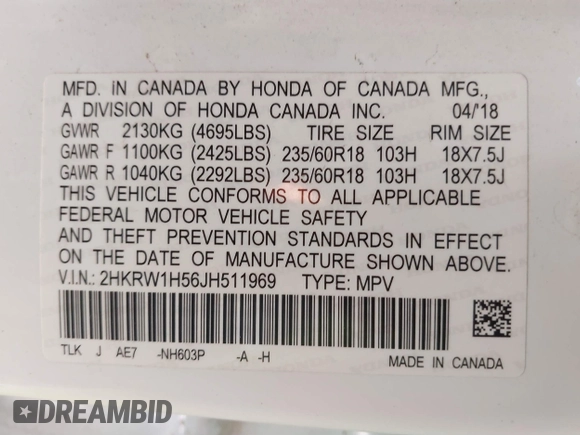 2018 Honda CR-V EX with VIN 2HKRW1H56JH511969, listed as a IAAI auction lot 41760851 with 108,460 mi miles. Bid and sale history available at carsss.com. Image 9.
