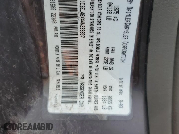 2004 Chrysler Sebring LX with VIN 1C3EL46X44N233837, listed as a Copart auction lot 51614685 with 161,676 mi miles and Salvage Title. Bid and sale history available at DreamBid. Image 12.