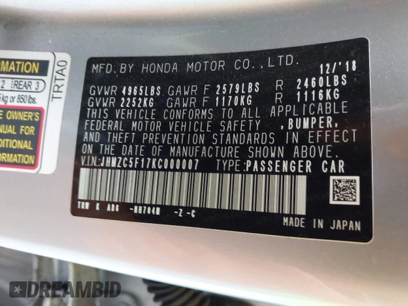 2019 Honda Clarity z VIN JHMZC5F17KC000007, wystawiony jako IAAI lot #41722099 z przebiegiem Nie podano mil oraz . Historia ofert i sprzedaży dostępna na DreamBid. Obrazek 9.