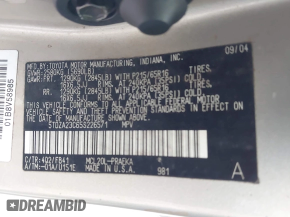 2005 Toyota Sienna CE with VIN 5TDZA23C65S226571, listed as a IAAI auction lot 41964558 with 111,827 mi miles. Bid and sale history available at carsss.com. Image 9.
