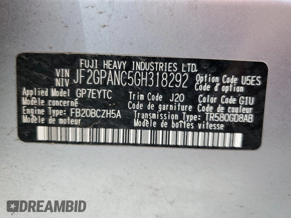 2016 Subaru Crosstrek Limited with VIN JF2GPANC5GH318292, listed as a Copart auction lot 56007985 with 148,970 mi miles and Salvage title. Bid and sale history available at DreamBid. Image 13.