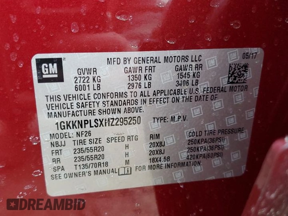 2017 GMC Acadia Denali with VIN 1GKKNPLSXHZ295250, listed as a Copart auction lot 47750295 with 201,698 mi miles and Salvage Title. Bid and sale history available at DreamBid. Image 15.