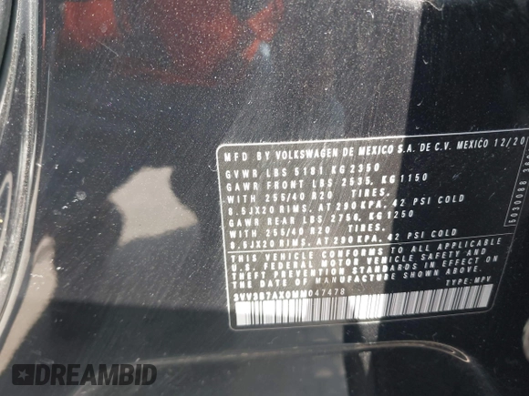 2021 Volkswagen Tiguan SE z VIN 3VV3B7AX0MM047478, wystawiony jako IAAI lot #42144239 z przebiegiem 55 468 mil mil oraz . Historia ofert i sprzedaży dostępna na DreamBid. Obrazek 9.