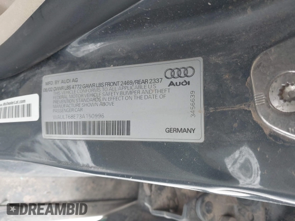 2003 Audi A4 3.0L with VIN WAULT68E73A150996, listed as a IAAI auction lot 41289003 with 119,657 mi miles. Bid and sale history available at carsss.com. Image 9.