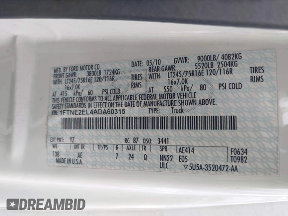 2010 Ford Econoline Cargo Commercial with VIN 1FTNE2EL4ADA60315, listed as a IAAI auction lot 42096440 with 163,478 mi miles and . Bid and sale history available at DreamBid. Image 9.