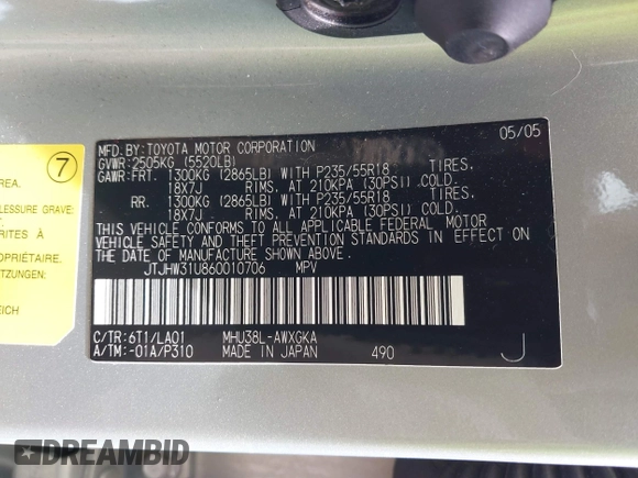 2006 Lexus RX 400h z VIN JTJHW31U860010706, wystawiony jako IAAI lot #42286504 z przebiegiem 220 671 mil mil oraz . Historia ofert i sprzedaży dostępna na DreamBid. Obrazek 9.