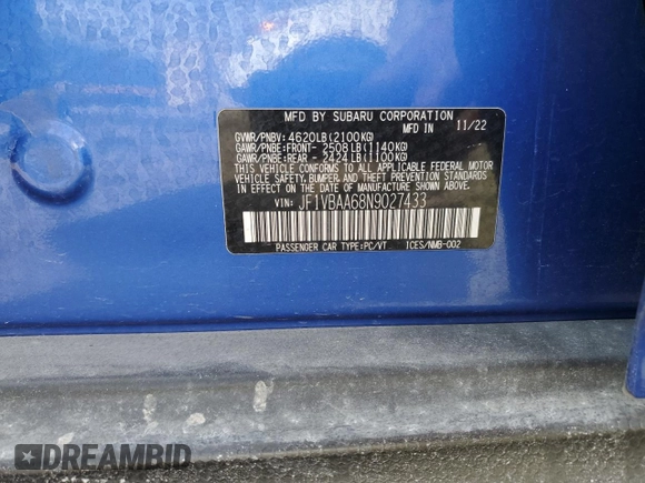 2022 Subaru WRX with VIN JF1VBAA68N9027433, listed as a Copart auction lot 47878705 with 23,543 mi miles and Salvage Title. Bid and sale history available at carsss.com. Image 13.