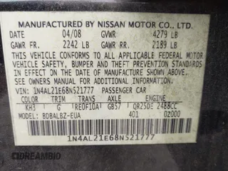 2008 Nissan Altima SL with VIN 1N4AL21E68N521777, listed as a IAAI auction lot 42170504 with 150,688 mi miles and . Bid and sale history available at DreamBid. Image 9.