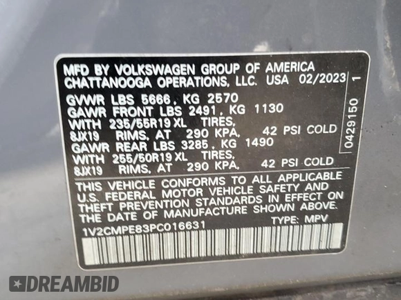 2023 Volkswagen ID.4 Pro with VIN 1V2CMPE83PC016631, listed as a Copart auction lot 88873725 with 38,809 mi miles and Salvage Title. Bid and sale history available at DreamBid. Image 13.