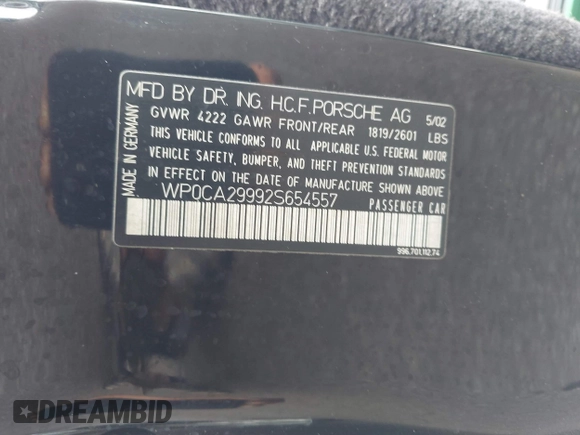 2002 Porsche 911 with VIN WP0CA29992S654557, listed as a IAAI auction lot 41615370 with 75,986 mi miles and . Bid and sale history available at DreamBid. Image 9.