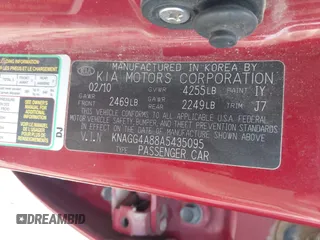 2010 Kia Optima LX z VIN KNAGG4A88A5435095, wystawiony jako IAAI lot #42085605 z przebiegiem 188 685 mil mil oraz . Historia ofert i sprzedaży dostępna na DreamBid. Obrazek 9.
