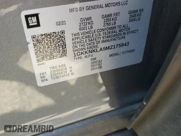 2021 GMC Acadia SLE with VIN 1GKKNKLA5MZ175943, listed as a Copart auction lot 62911585 with 58,187 mi miles and Salvage title. Bid and sale history available at DreamBid. Image 13.