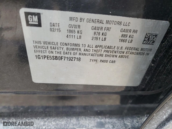 2015 Chevrolet Cruze LT with VIN 1G1PE5SB0F7192718, listed as a Copart auction lot 43453325 with 98,715 mi miles and Salvage Title. Bid and sale history available at carsss.com. Image 12.