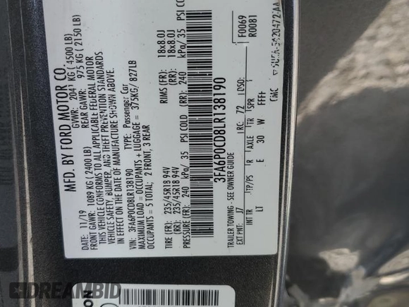 2020 Ford Fusion SEL z VIN 3FA6P0CD8LR138190, wystawiony jako Copart lot #49266445 z przebiegiem 145 381 mil mil oraz Szkoda całkowita • Salvage title. Historia ofert i sprzedaży dostępna na DreamBid. Obrazek 14.