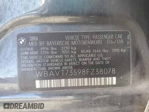 2008 BMW 3 Series 328xi z VIN WBAVT73598FZ38078, wystawiony jako Copart lot #56104865 z przebiegiem 100 979 mil mil oraz Szkoda całkowita • Salvage title. Historia ofert i sprzedaży dostępna na DreamBid. Obrazek 12.