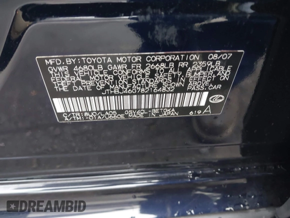2008 Lexus ES 330 with VIN JTHBJ46G782164832, listed as a IAAI auction lot 42169999 with 39,242 mi miles and . Bid and sale history available at DreamBid. Image 9.