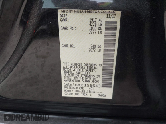 2018 Nissan Altima SR with VIN 1N4AL3APXJC156643, listed as a IAAI auction lot 41723175 with 144,368 mi miles and . Bid and sale history available at carsss.com. Image 9.