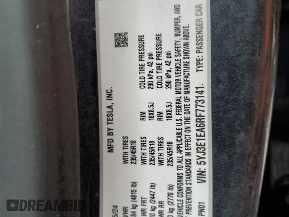 2024 Tesla Model 3 z VIN 5YJ3E1EA6RF773141, wystawiony jako Copart lot #61399385 z przebiegiem 9 245 mil mil oraz Szkoda całkowita • Salvage title. Historia ofert i sprzedaży dostępna na DreamBid. Obrazek 12.