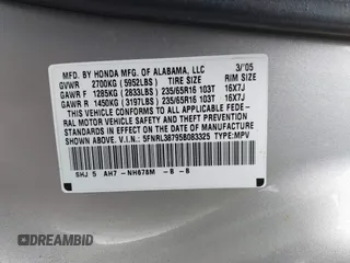 2005 Honda Odyssey EX-L with VIN 5FNRL38795B083325, listed as a IAAI auction lot 42034632 with 183,865 mi miles. Bid and sale history available at carsss.com. Image 9.