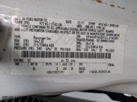 2012 Ford Focus SEL with VIN 1FAHP3H21CL316361, listed as a Copart auction lot 50066615 with 187,204 mi miles and Salvage Title. Bid and sale history available at carsss.com. Image 15.