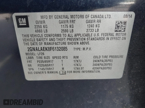2015 Chevrolet Equinox LS with VIN 2GNALAEK8F6132085, listed as a IAAI auction lot 41918037 with 208,408 mi miles. Bid and sale history available at carsss.com. Image 9.