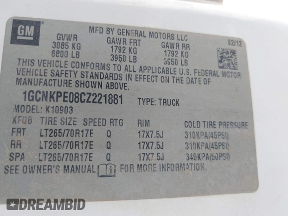 2012 Chevrolet Silverado 1500 Work Truck with VIN 1GCNKPE08CZ221881, listed as a IAAI auction lot 41838375 with 69,676 mi miles and . Bid and sale history available at DreamBid. Image 9.