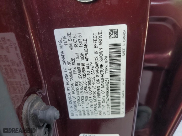 2019 Honda CR-V EX with VIN 2HKRW2H56KH676251, listed as a Copart auction lot 82765654 with 122,196 mi miles and Salvage Title. Bid and sale history available at carsss.com. Image 16.